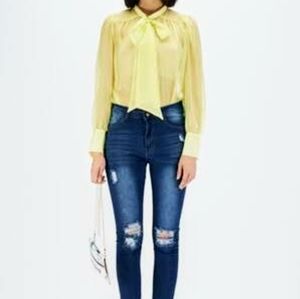 Tie Neck Curved Hem Chiffon Blouse
